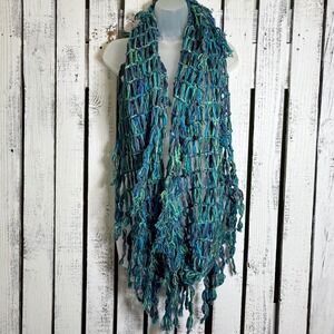 Chunky Knit Fringe Infinity Scarf Blue Green Boho Shabby Chic Cottagecore Hippie
